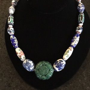 Vintage Caved Jade & Ceramic Painted Bead Necklace